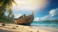 Abandoned boat on shore of island with a palm trees.Wrecked boat on a beach