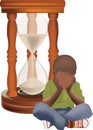 Black child sitting wait abandoned and bored black child with hourglass