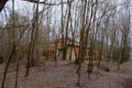 Abandoned brick buildings among trees in the Chernobyl radiation contamination zone