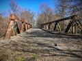 Abandoned bridge in the city of Chernigov. Rust gives a photo of bright colors.