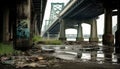 Abandoned bridge, rusty steel, old ruin, vanishing point, traffic mess generated by AI