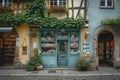 An abandoned building covered in lush greenery as various plants grow out of its cracks and crevices, Pharmacy storefront in a