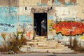 Abandoned building with graffiti-covered walls showing urban decay.