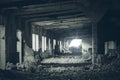 Abandoned building interior, ruins of industrial factory, dark corridor in scary abandoned premises Royalty Free Stock Photo