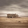 Abandoned building in the middle of the desert in the evening