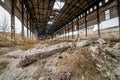 Abandoned building. Old factory ruin and broken windows