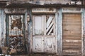 Abandoned building with old retro doors. Clouse-up of a very old weathered wooden door.