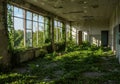 Abandoned building overrun by nature: sunlit greenery through broken windows Royalty Free Stock Photo
