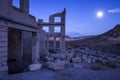 Abandoned building in Rhyolite, Nevada at night with full moon