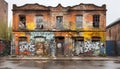 Abandoned building, rusty metal, broken window, graffiti, dirty cityscape generated by AI Royalty Free Stock Photo