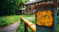 Abandoned Building Surrounded by Lush Greenery and Rustic Yellow Fence Post in Overgrown Area Royalty Free Stock Photo