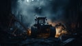 Abandoned Bulldozer In Burning Warehouse - Ominous Commercial Imagery