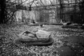 Abandoned bumper cars in amusement park of Pripyat city in Chernobyl Exclusion Zone, Ukraine. Black and white tone Royalty Free Stock Photo