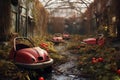 abandoned bumper cars tangled in vines Royalty Free Stock Photo