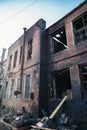 Abandoned burned out industrial brick building exterior