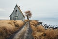 Abandoned Cabin by Seaside with Dry Grass. Generative AI Royalty Free Stock Photo