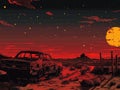 Abandoned car against an apocalyptic sunset, surrounded by desolate landscape. Vector generative ai.
