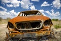 Abandoned Car in Field Under Blue Sky Royalty Free Stock Photo