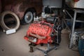 abandoned car mechanic shop on the desert highway. Inside there are American V8 engines. Royalty Free Stock Photo