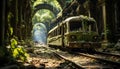 Abandoned car on railroad track, nature old fashioned transportation generated by AI