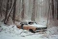 abandoned car wreck covered in snow Royalty Free Stock Photo