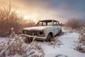 abandoned car wreck covered in snow Royalty Free Stock Photo