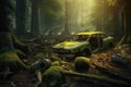 abandoned car wreck in a forest clearing Royalty Free Stock Photo