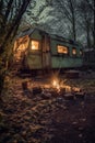 abandoned caravan campsite with remnants of a fire