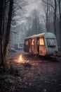 abandoned caravan campsite with remnants of a fire