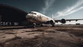 Abandoned cargo airplane, damaged fuselage, mid air danger, broken engine generated by AI