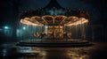 Abandoned carnival carousel with faded paint and eerie lighting