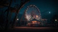 An abandoned carnival with creepy rides under the moonlight