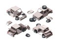 Abandoned cars. Damaged rusty old metalic vehicles scrap broken cars garish vector isometric illustrations