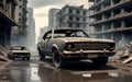 Abandoned cars in decay and destroyed buildings and puddles in a dystopian landscape.