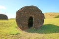 Abandoned Carved Moai Statues` Huge Topknots Called Pukao Scattered on Puna Pau Volcano, the Red Scoria Quarry on Easter Island