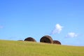 Abandoned Carved Moai Statues` Topknots Called Pukao Scattered on Puna Pau Volcano, the Red Scoria Quarry on Easter Island