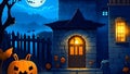 An abandoned castle, night. A Halloween pumpkin lamp with carved eyes, nose and mouth glows in the courtyard, and black cats