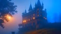 An abandoned castle, surrounded by fog and lit only by the light of the month, conveys the eerie and mysterious atmosphere of