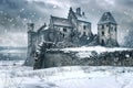 Abandoned Castle in Winter, Ancient Medieval Building, Fantasy Old Castle Ruins, Copy Space Royalty Free Stock Photo