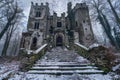 Abandoned Castle in Winter, Ancient Medieval Building, Fantasy Old Castle Ruins, Copy Space Royalty Free Stock Photo