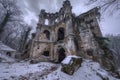 Abandoned Castle in Winter, Ancient Medieval Building, Fantasy Old Castle Ruins, Copy Space Royalty Free Stock Photo