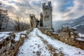 Abandoned Castle in Winter, Ancient Medieval Building, Fantasy Old Castle Ruins, Copy Space Royalty Free Stock Photo