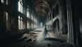 An eerie silhouette of a bride in a decaying cathedral