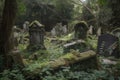 abandoned cemetery, with overgrown vegetation and broken headstones