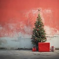 Abandoned Christmas tree with presents on the street. C