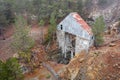 Abandoned chromite mine in Troodos mountains, Cyprus. Old broken lift over vertical shaft