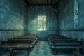 Abandoned Church Interior with Wooden Pews and Vintage Window in Mysterious Atmospheric Light Royalty Free Stock Photo