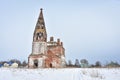 Abandoned church in winter, abandoned temple in outback of Russia