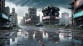 Abandoned City with Crashed Robot Under Stormy Apocalyptic Skies Royalty Free Stock Photo