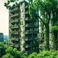 an abandoned city overgrown with created by a neural technology